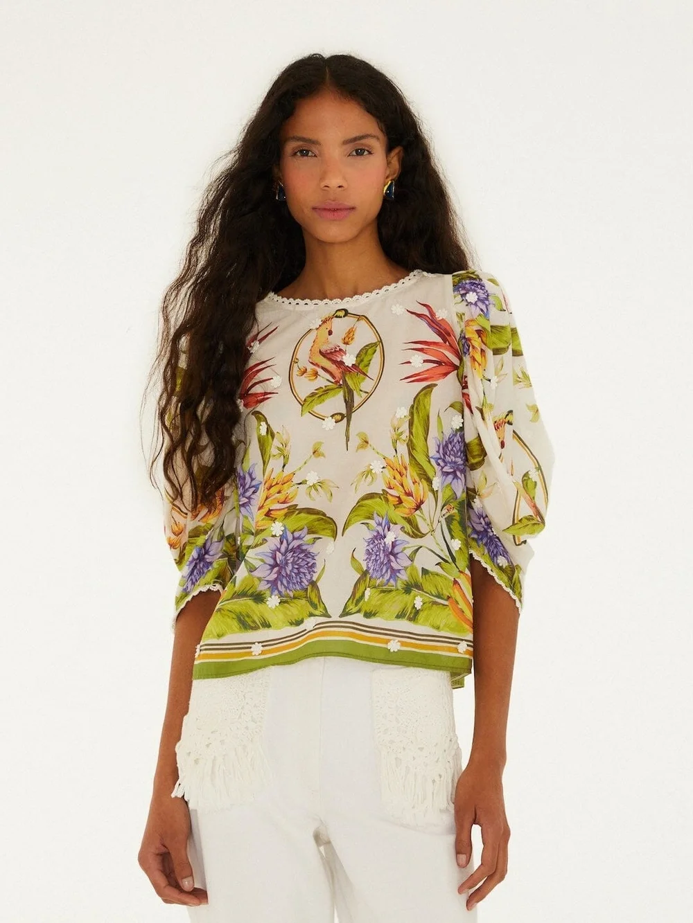 Farm Rio Floral Embroidered Ivory Puff-Sleeve Top